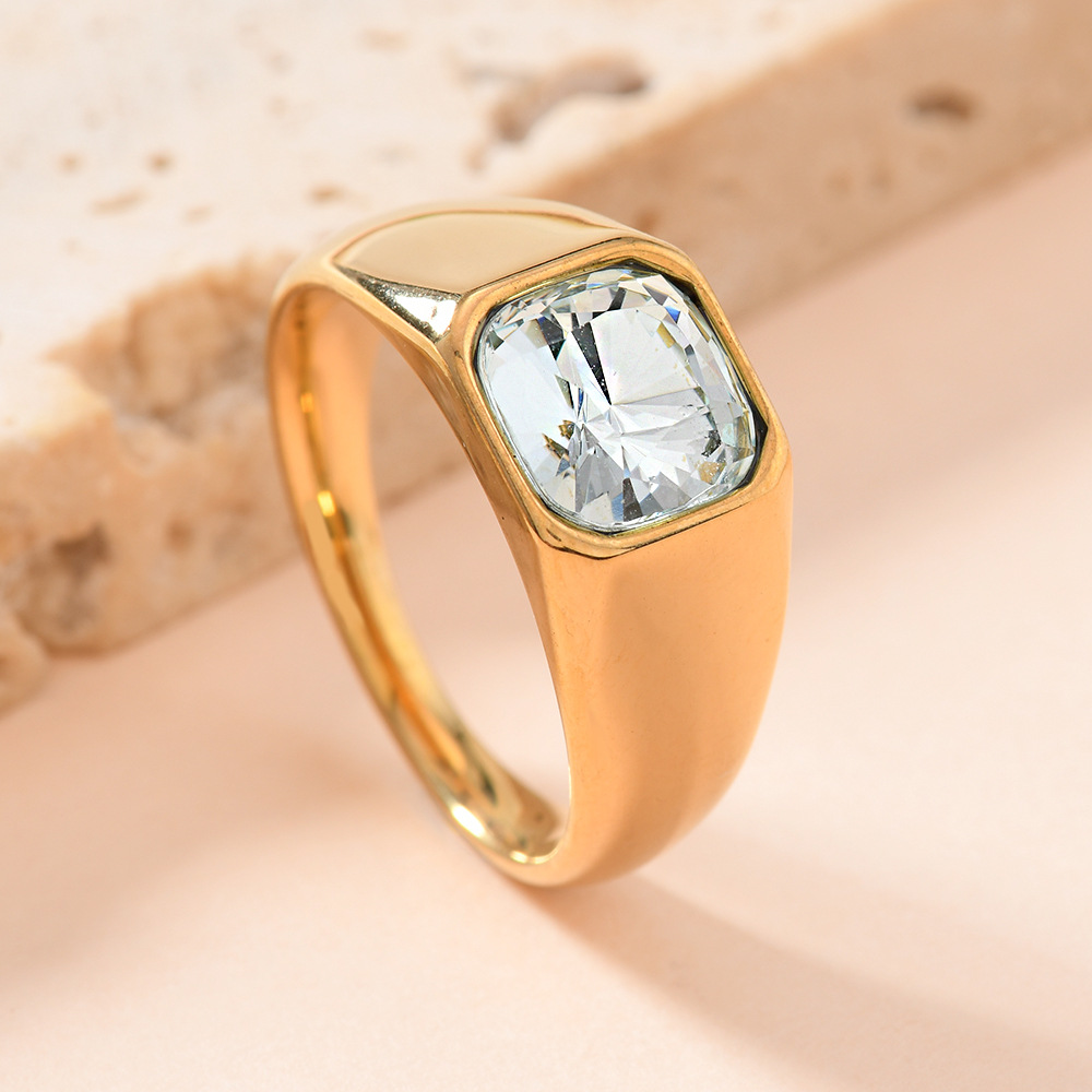 欧美跨境不锈钢铸造饰品男女通用 镶方形彩钻戒指镀18k金锆石戒指详情10