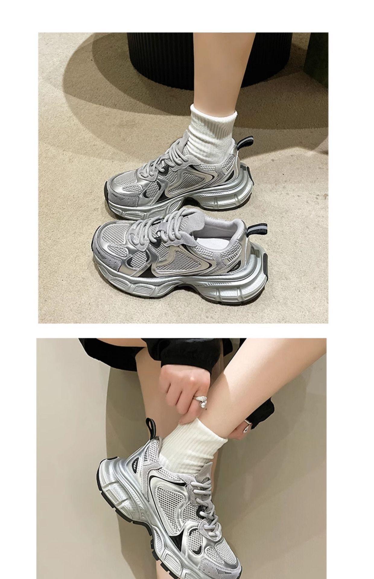 老爹鞋女2025春季新款厚底圆头网面休闲女鞋银色潮牌时尚运动鞋详情11