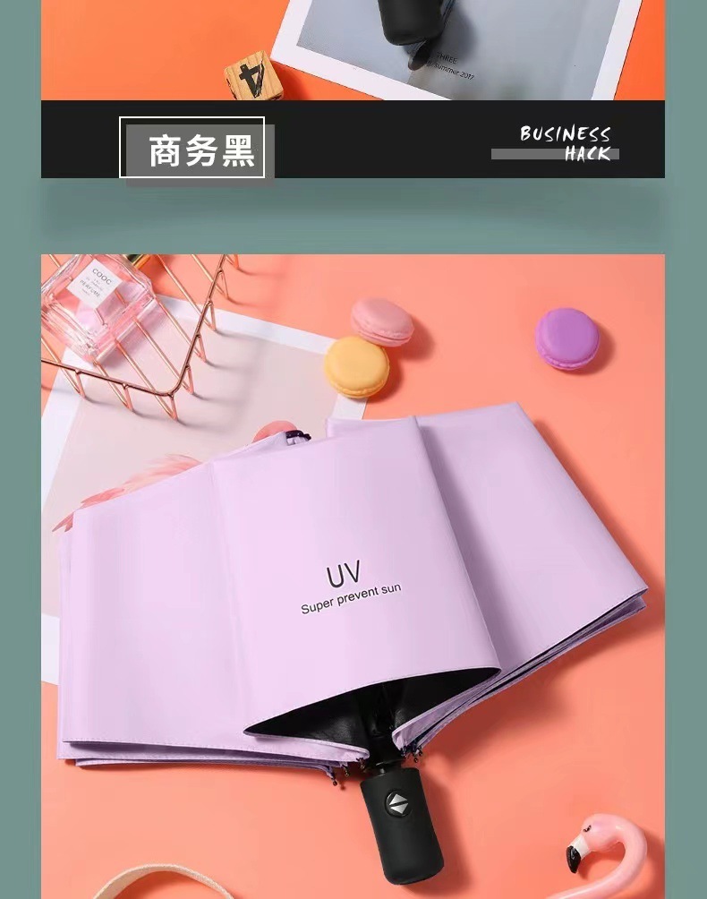 Three-fold fully automatic black rubber sun protection and shade umbrella, all-weather folding sun umbrella, umbrella printed logo advertising umbrella pic 12