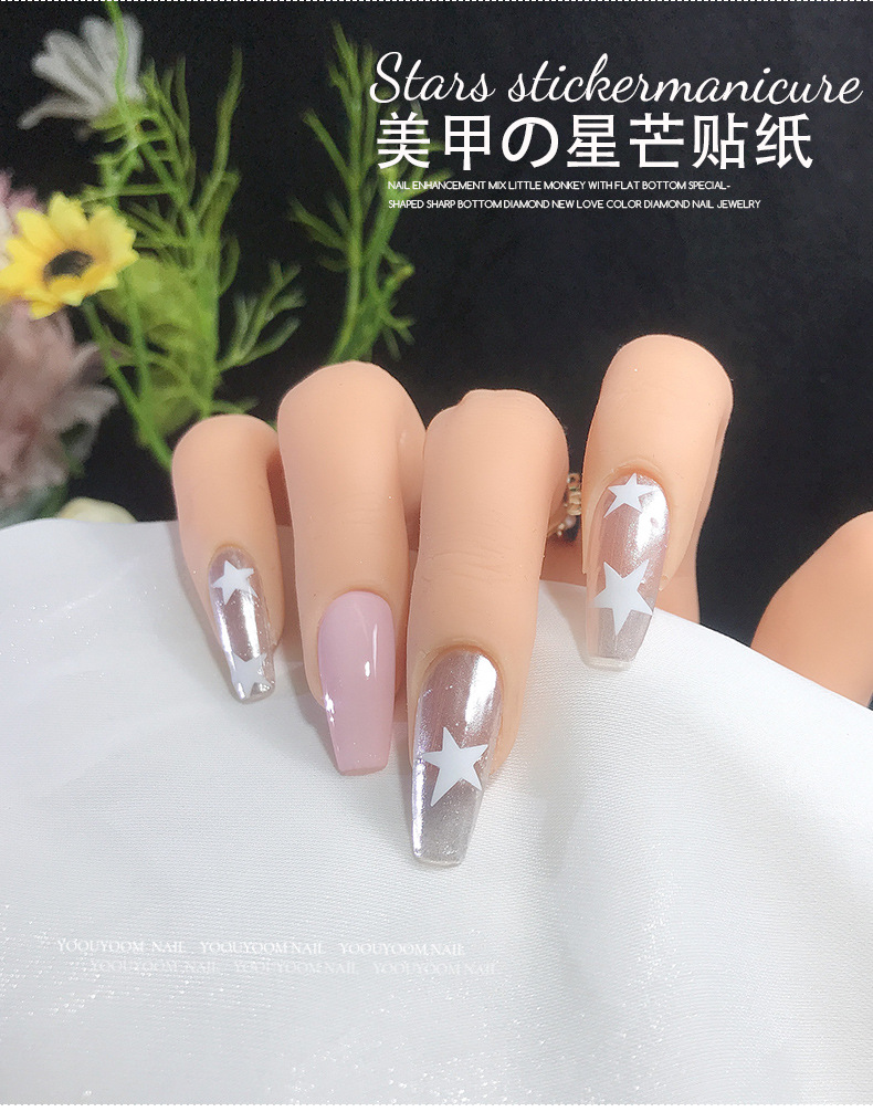 Wholesale of popular sweet and cool nail accessories, including gold and silver starlight, black and white, and colorful five-pointed star 3D self-adhesive nail stickers pic 1