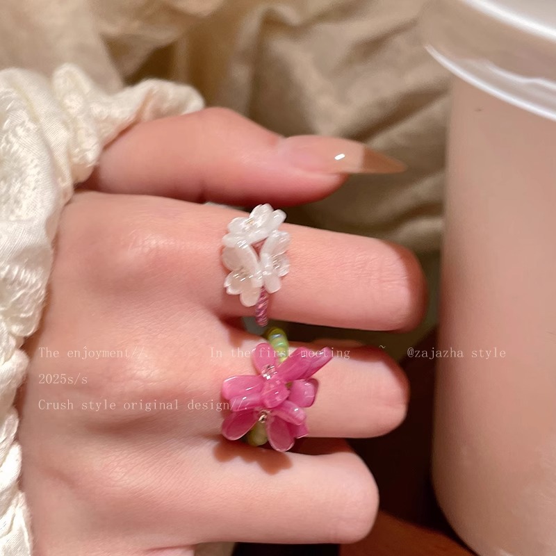 Violet flower ring, new Korean-style index finger ring for girls in early spring, elastic beaded, stacked ring for best friends pic 12
