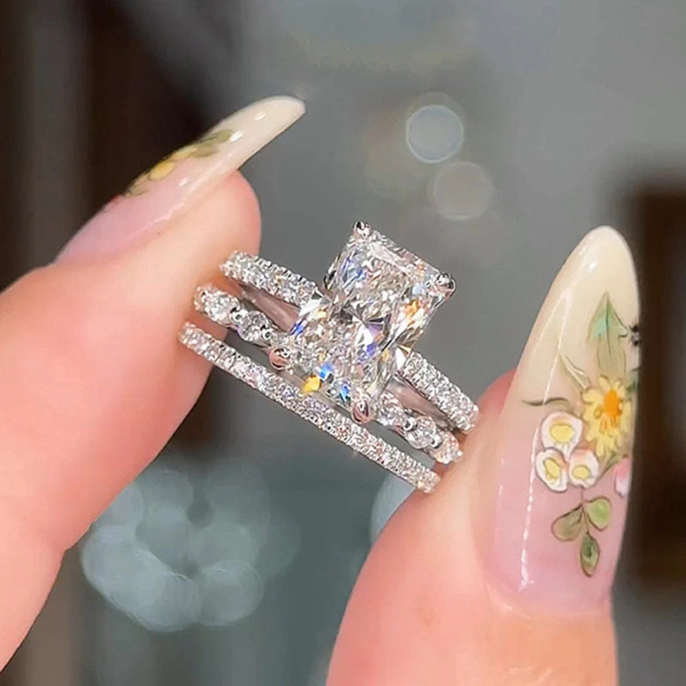 s925 sterling Silver Super Flash Ice Flower Cut Zircon ring set, high-quality cross-border luxury ins ring set from Europe and America pic 5