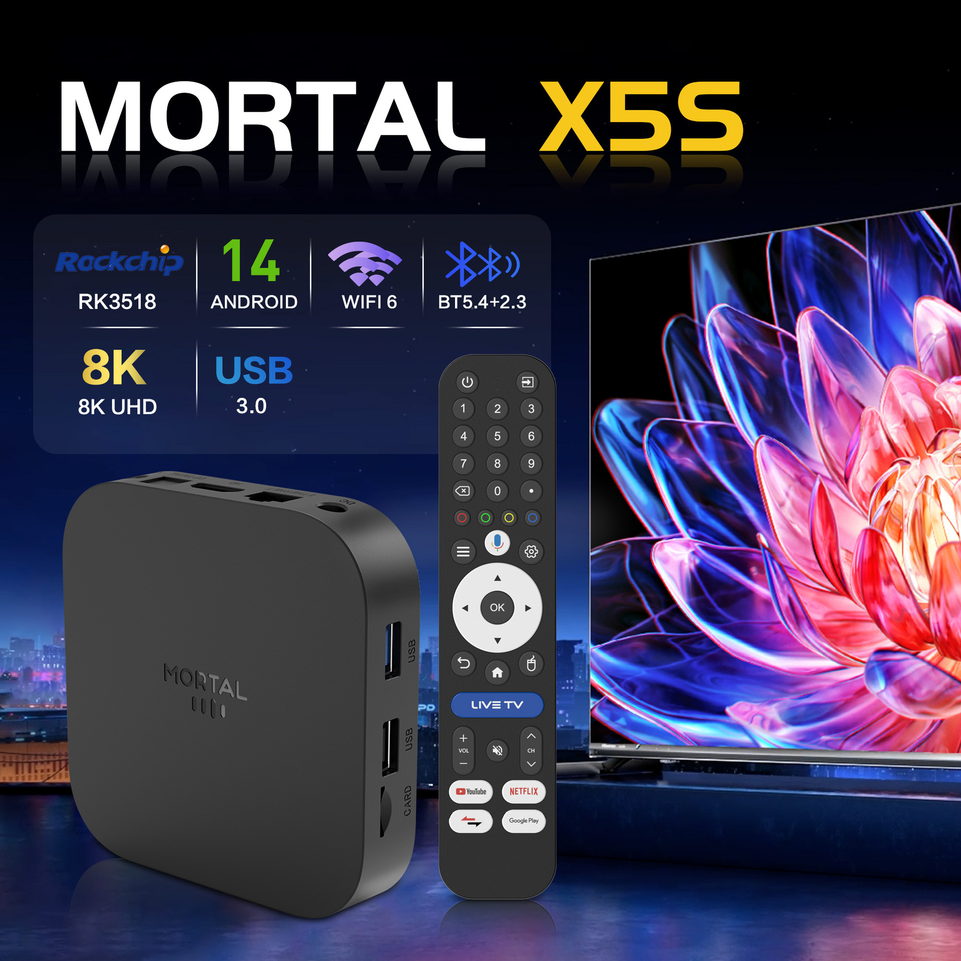 Mortal X5S 3518, управляемый 8K hd wififi6 с голосовым управлением bluetooth network TVBOX pic 1