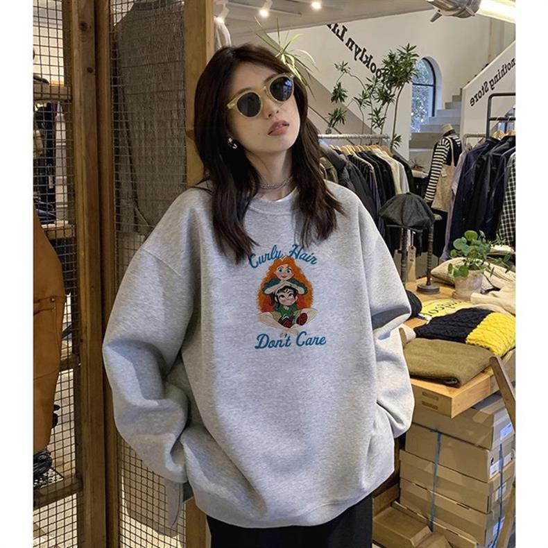 美式复古卫衣女秋季慵懒风宽松长袖上衣圆领加绒加厚oversize外套详情11