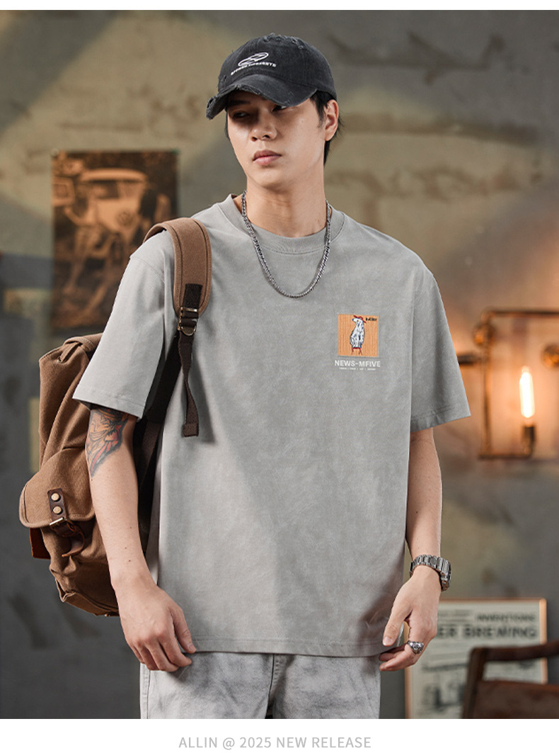 ALLIN 卡通印花短袖T恤男夏季美式重磅宽松百搭圆领五分半袖上衣详情24