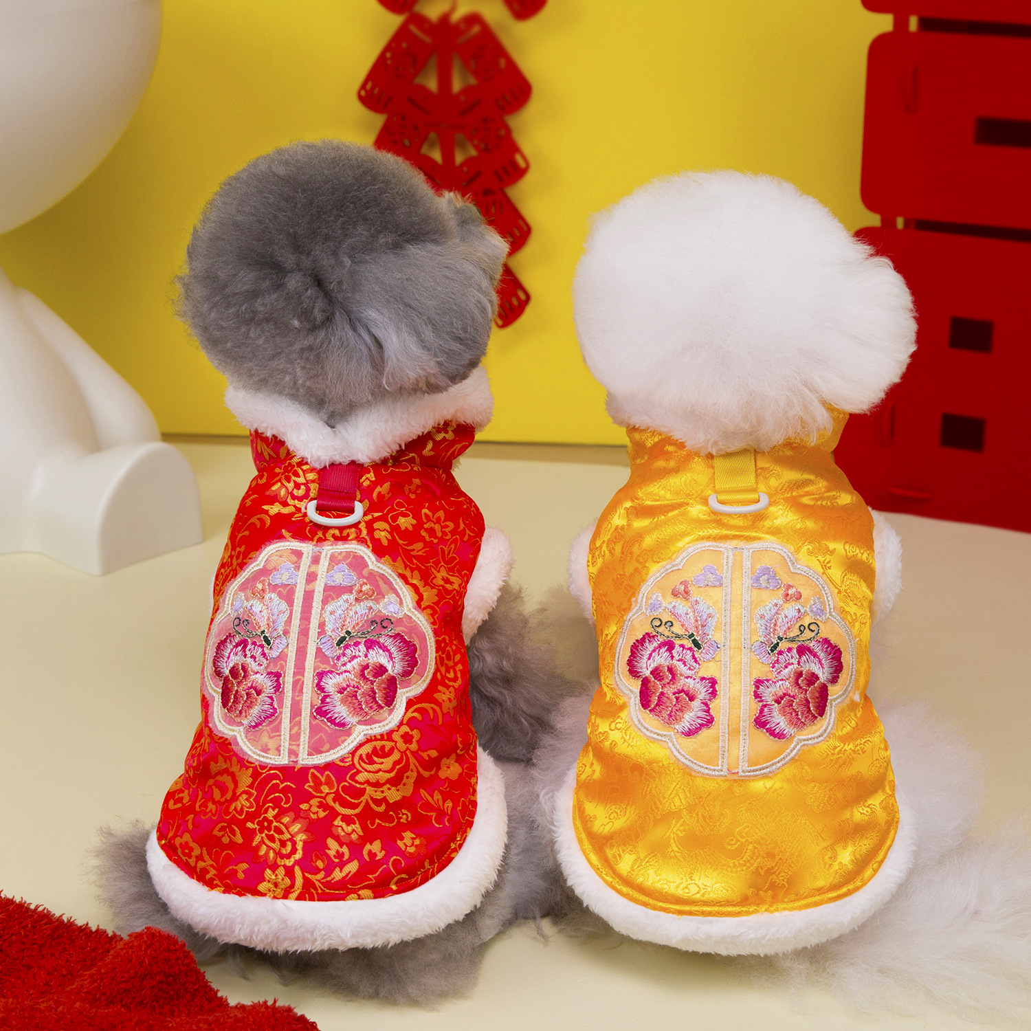 Pet clothing, dog clothes, autumn and winter festive outfits, new pet New Year outfits, Tang suits, 25 peony embroidery Tang suits, cotton-padded jackets pic 2