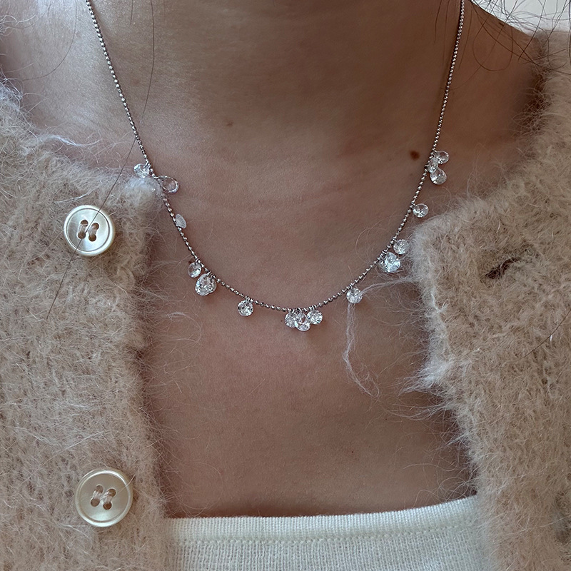 925纯银水滴圆形锆石项链女简约时尚小众设计精致气质锁骨链7611A详情4