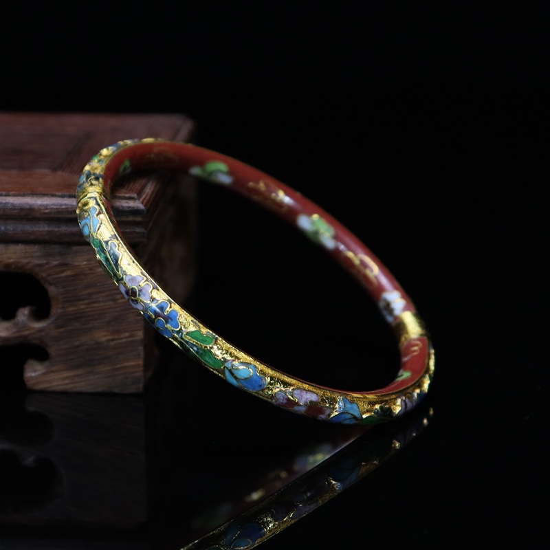 Beijing Cloisonne vintage collectibles, classical ethnic style copper body cloisonne enamel jewelry, gold base open bracelet pic 8