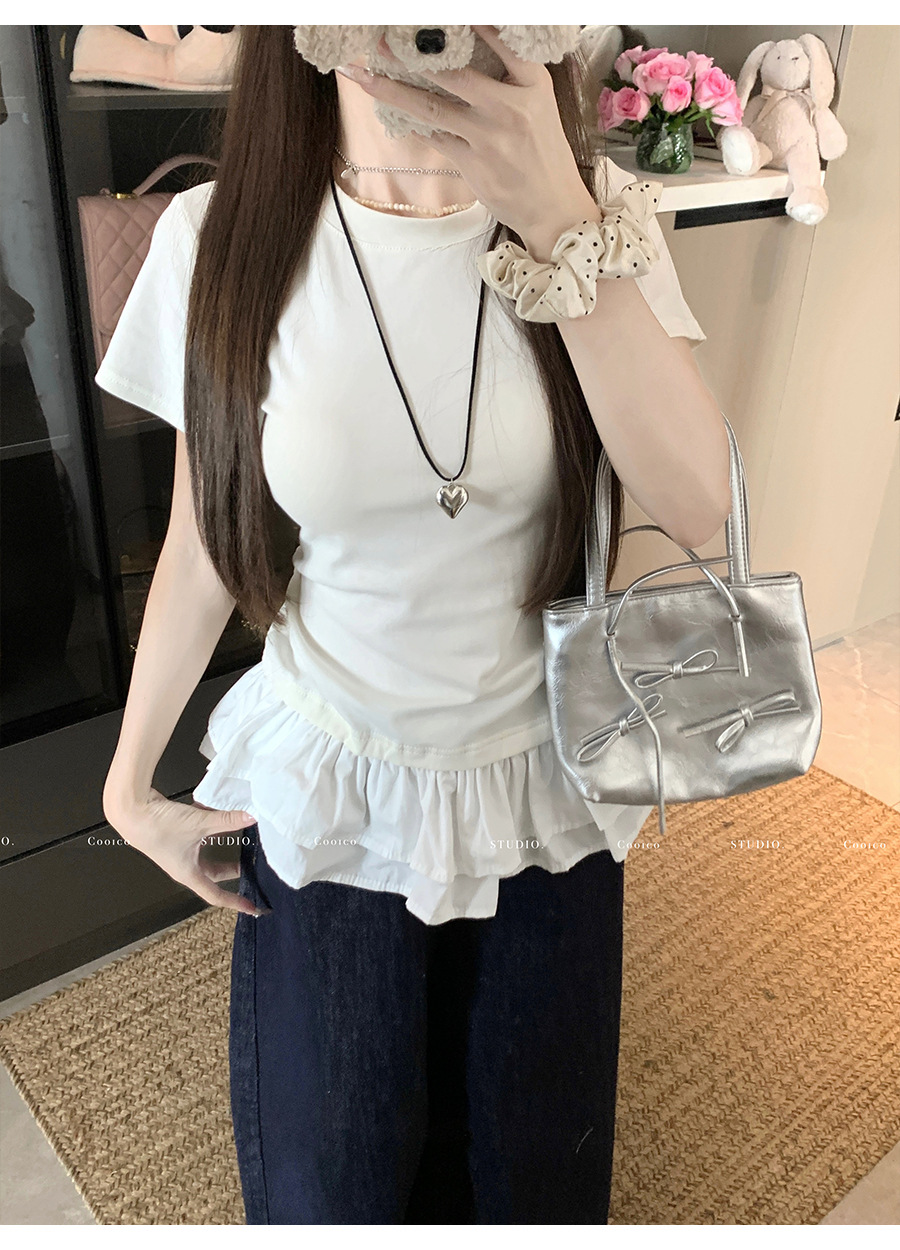 法式荷叶花边下摆拼接白色短袖t恤女夏季设计感修身正肩小衫上衣详情9