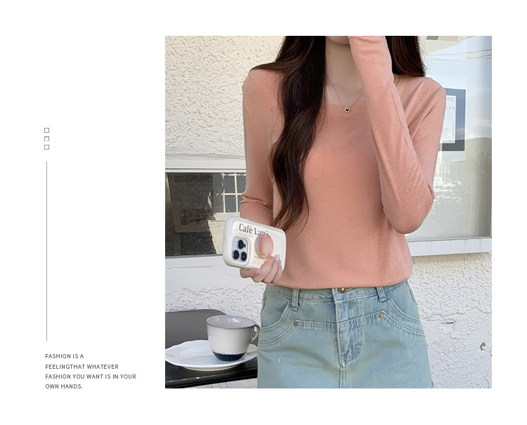 2024新款打底衫女薄款内搭白色洋气秋冬修身面膜圆领长袖上衣t恤详情13