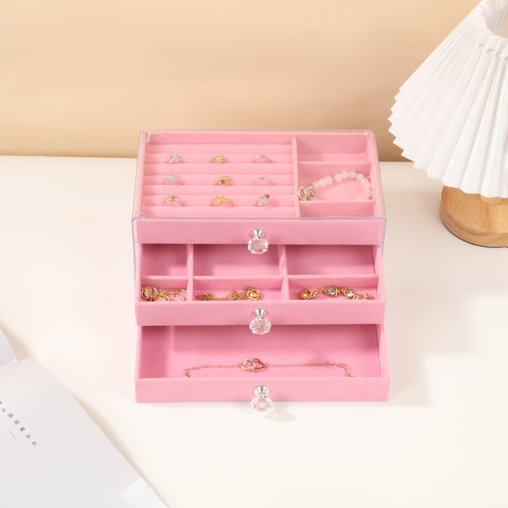 三层三抽首饰盒桌面防氧化耳钉项链戒指收纳盒高档绒布防尘饰品盒详情6
