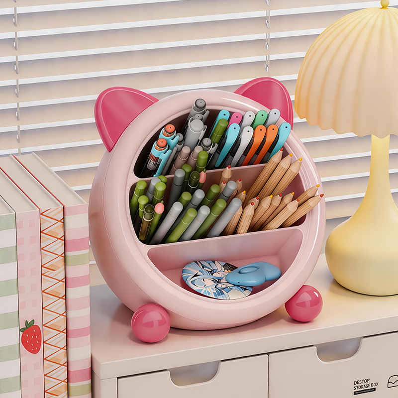 Cute cat-shaped wooden pen holder, desktop storage box, remote control, mobile phone stand, wooden color pasted style pic 5