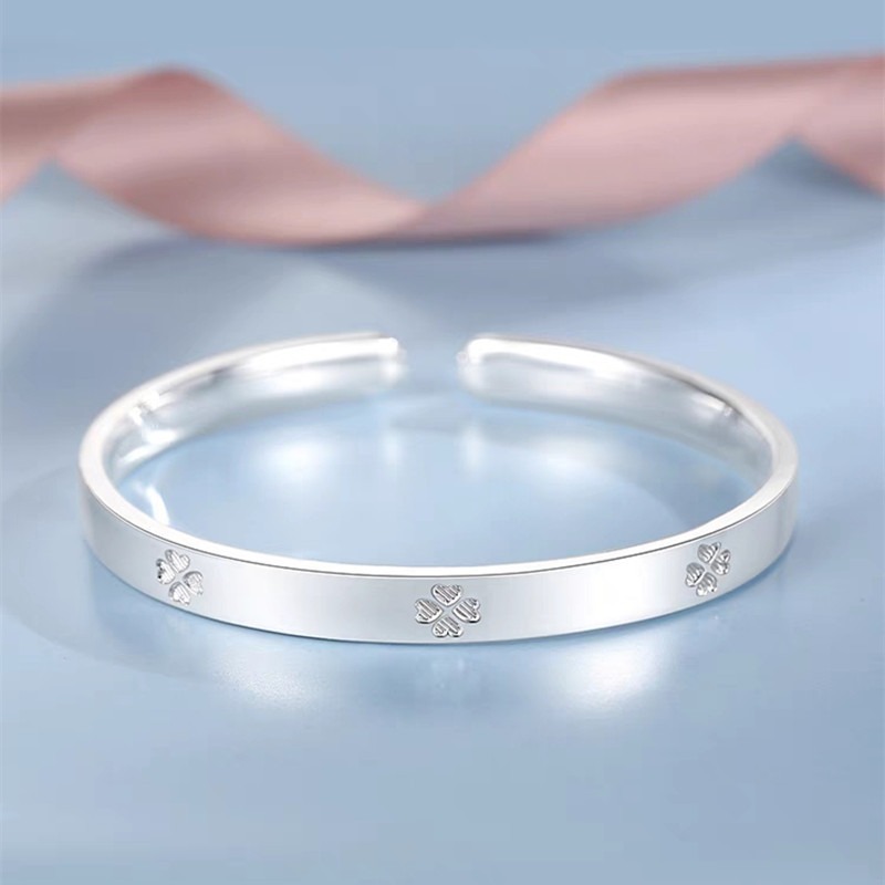 Douyin Live streaming white copper silver-plated four-leaf clover open bracelet solid adjustable bracelet, fresh and sweet pic 2