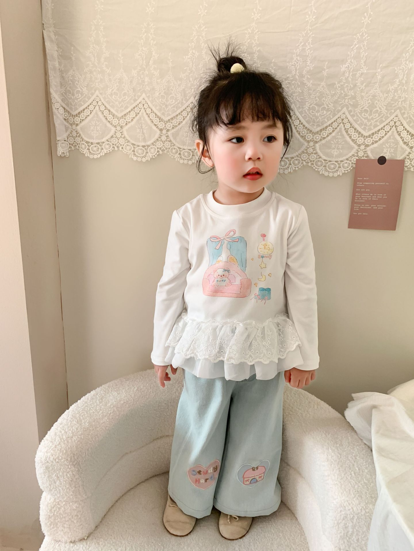 Caña pear niño niña traje primavera 2026 nuevo estilo niños korean manga larga camiseta jeans mujer bebé ropa pic 25