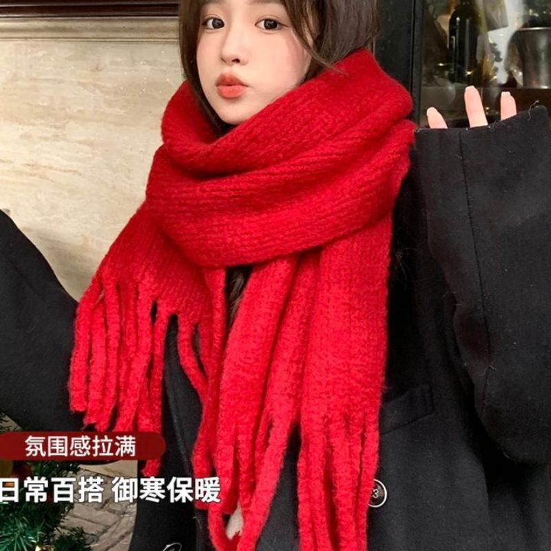 A thickened, solid-colored knitted tassel scarf scarf with a strong sense of Chinese trend atmosphere for women in the Korean winter couple pic 3