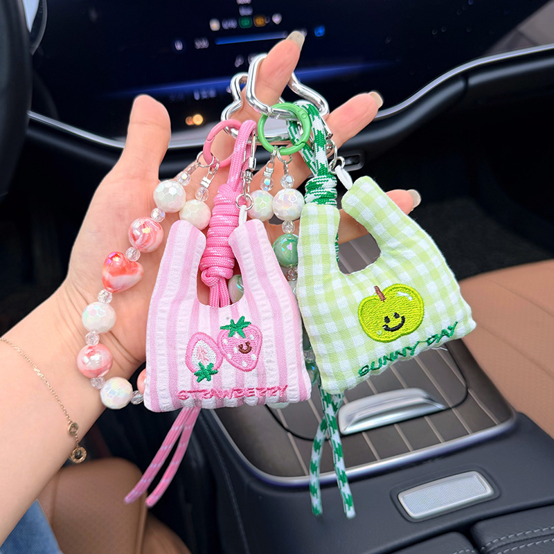 Versatile, fresh and simple fruit embroidery cloth bag, car keychain, woven rope bead string, creative and personalized bag decoration pendant pic 3