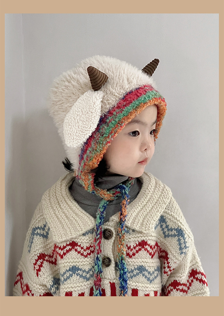 冬季保暖儿童帽子加厚针织毛绒帽男女宝宝可爱牛角护耳套头毛线帽详情6