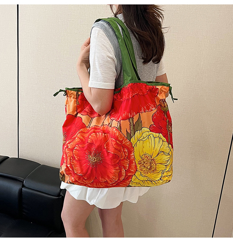 大容量花朵印花单肩包防水购物袋尼龙外出托特包时尚复古手提包详情25