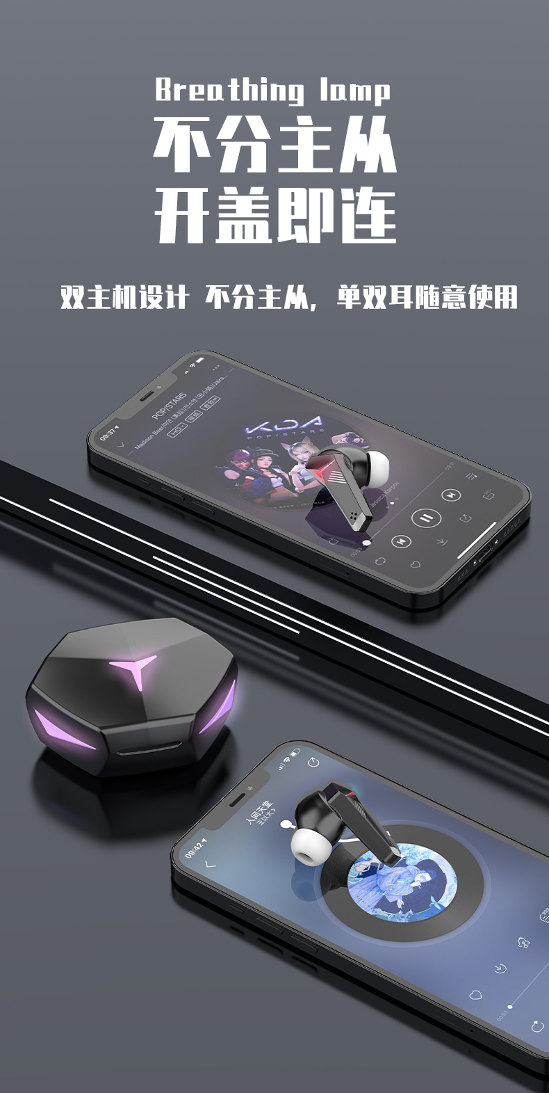 The T33 N35 wireless gaming Bluetooth headphones feature a dual-ear neon design, dual-mode touch control, and an ultra-long battery life for gaming pic 16