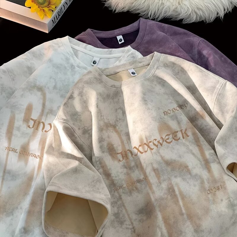 Summer trendy brand American heavy-duty pure cotton short-sleeved T-shirt for men, loose large-sized half-sleeved washed distressed T-shirt base layer pic 19