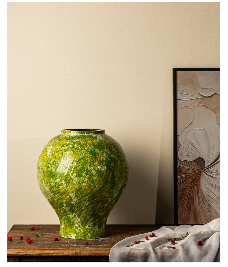Jingdezhen ceramic vases, soda green rough pottery flower vases, living room home flower arrangement ornaments, retro jars for decoration pic 13