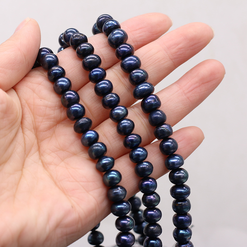 DIY semi-finished product of 8-9mm nearly round beaded dyed black natural freshwater pearl potato bead necklace bracelet pic 1