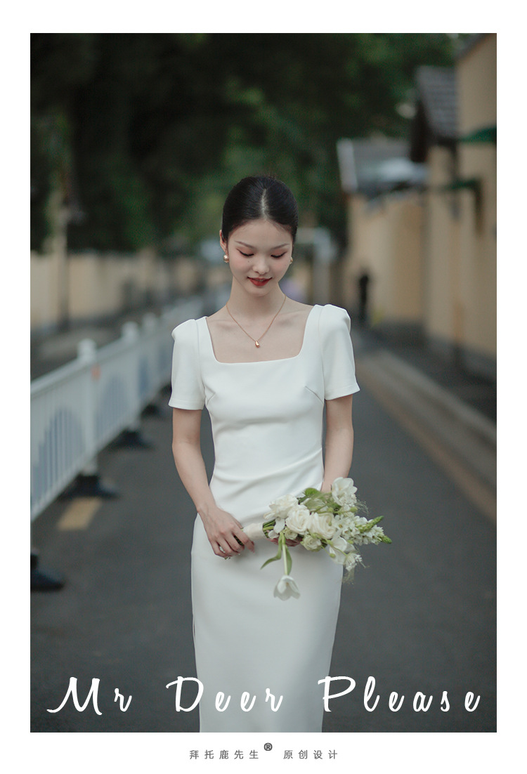 白色法式小礼服方领短袖修身微弹力长款领证订婚小晚礼服连衣裙详情9