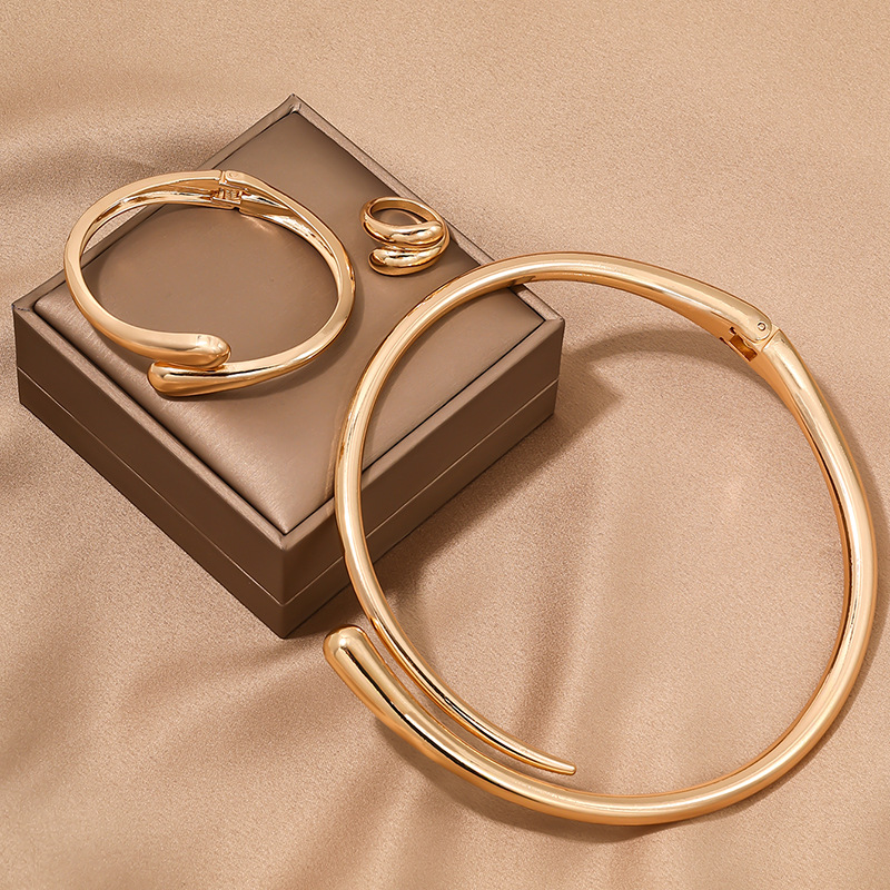 1套欧美时尚简约重金属气质几何环形光面女项圈手镯戒指首饰套装详情3