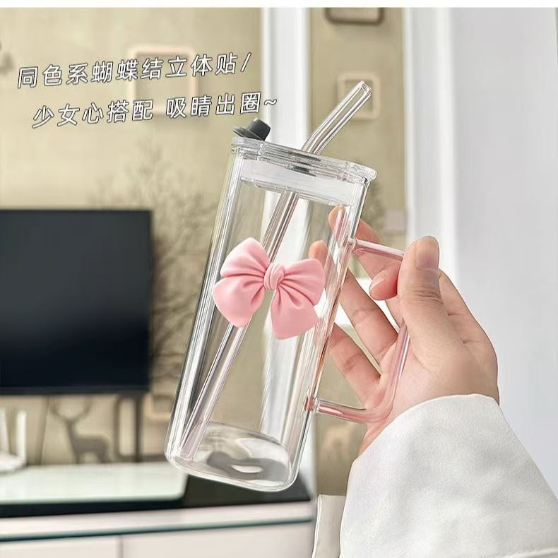 Ins-style square bow glass cup with handle, high appearance level, high-temperature resistant, cute fairy pink straw water cup pic 6