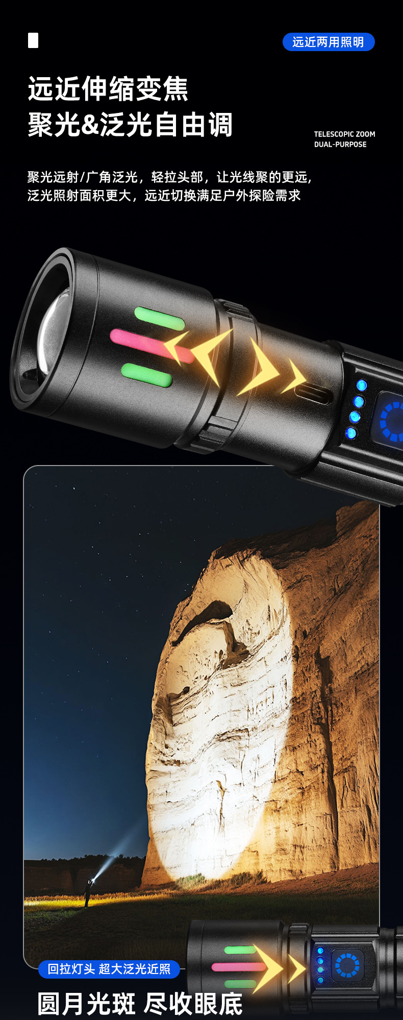 New cross-border white laser flashlight, outdoor portable hiking led strong light flashlight, multi-functional emergency light pic 8