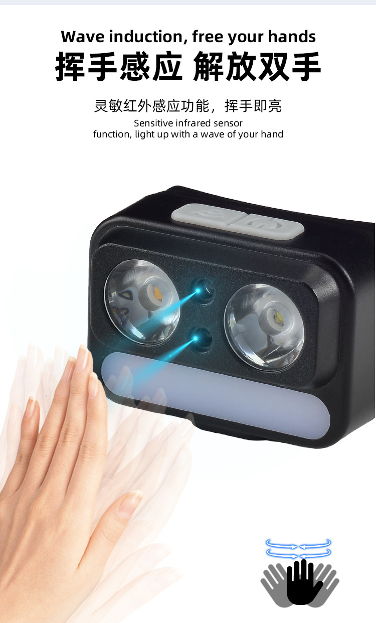 Cross-border smart sensor headlamp, strong light charging, portable yellow, white and red three light sources, long battery life, night fishing light, night running light pic 9