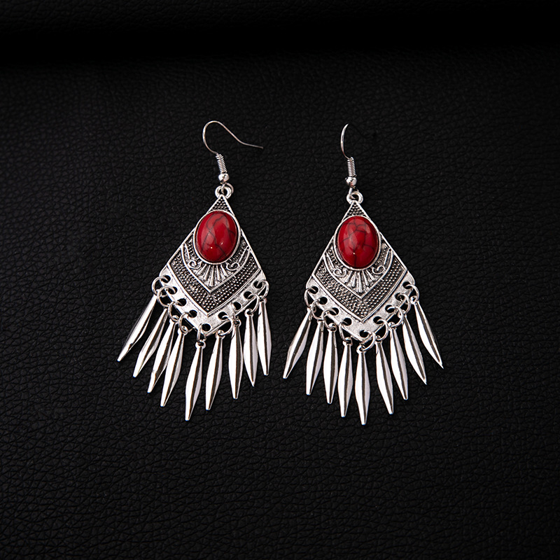 欧美波西米亚蓝松石民族风耳钉 仿苗银金属耳坠复古流苏耳饰批发详情19