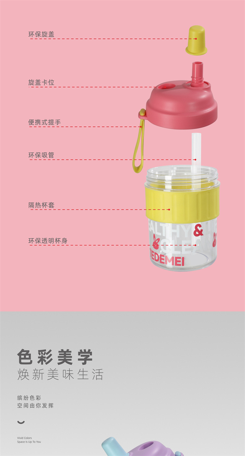 学生可爱情侣随手杯上班族密封水杯卡通高颜值便携吸管撞色塑料杯详情12