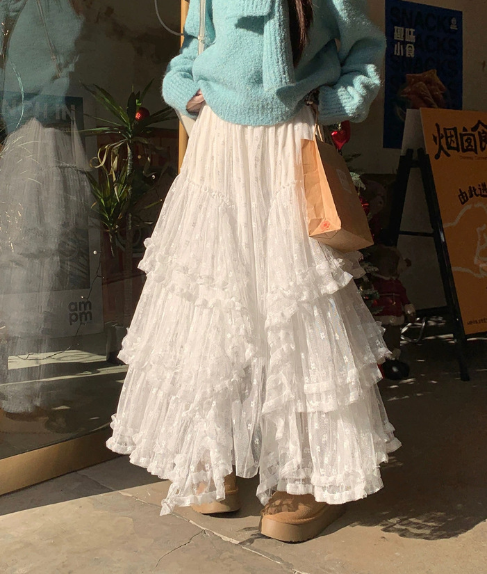 白色重工蕾丝拼接不规则网纱半身裙女秋冬高级感蛋糕裙大摆长裙子详情10