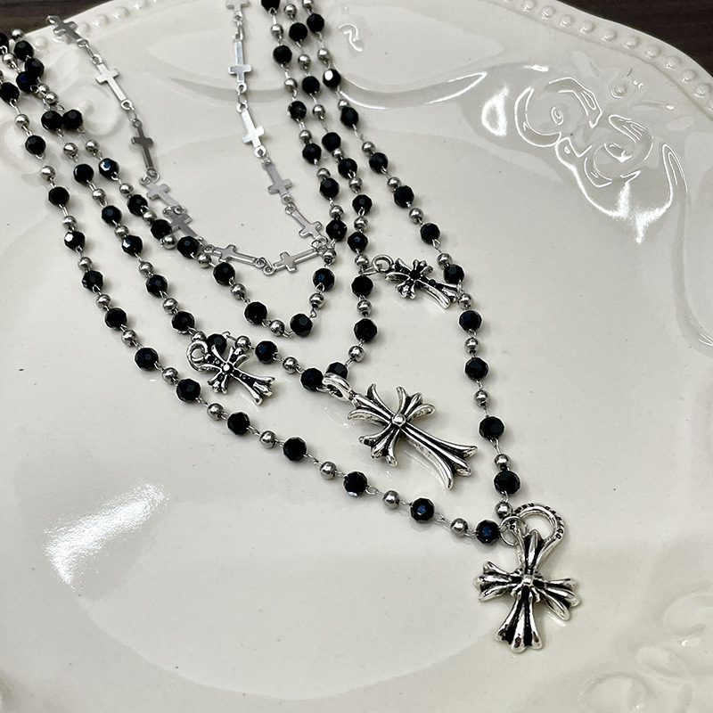 Retro cross-flower pendant black bead necklace, multi-layer layered punk, ins style, high-end collarbone chain, hot girl necklace pic 9