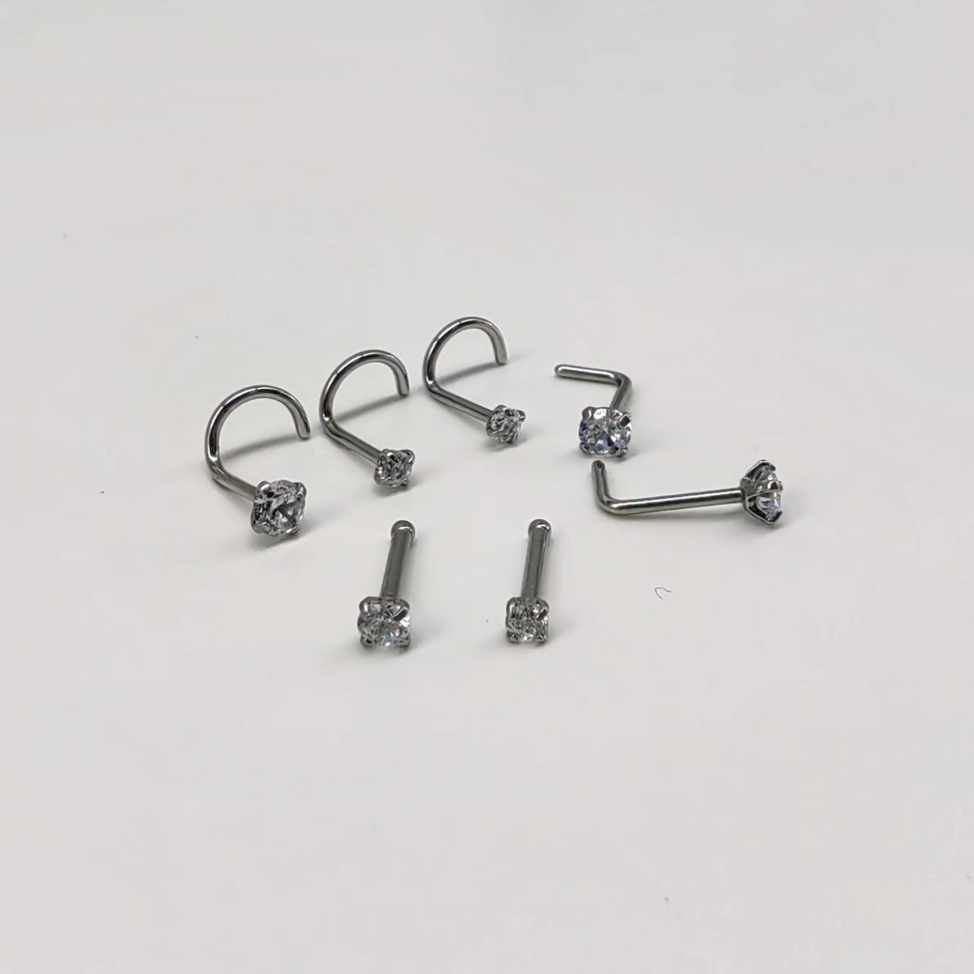 跨境爆款热销1字5字7字鼻饰 L形S形镶锆石穿刺饰品 G23钛合金鼻钉详情3
