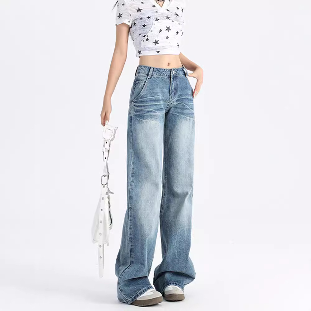 美式复古蓝微喇牛仔裤女高街低腰裂纹宽松垂感百搭直筒喇叭长裤子详情3