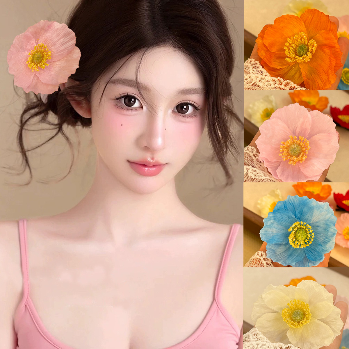 The new spring and summer faux poppy flower hair clip has a pure and elegant atmosphere. The side clip is a photo-taking hair accessory and a super fairy-like hair flower clip pic 1