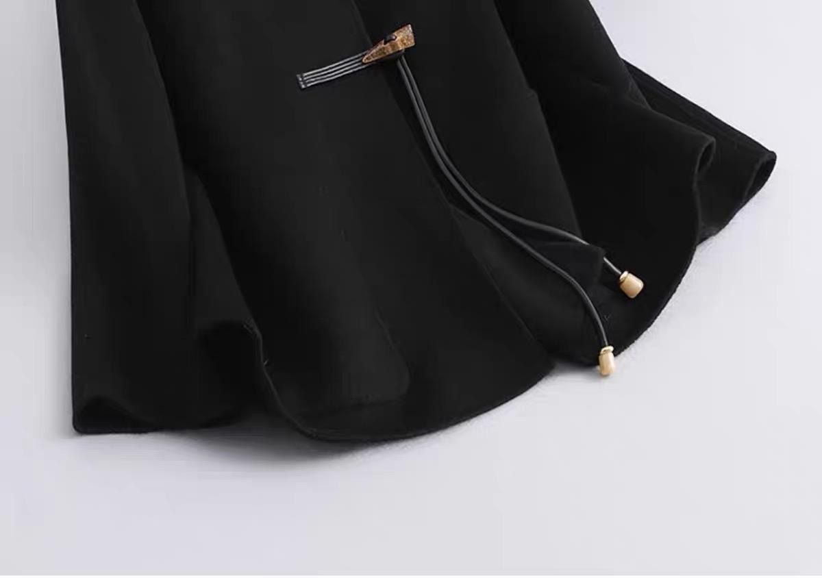 新中式黑色双面毛呢大衣女高气质牛角扣呢子外套2025秋冬新款上衣详情3