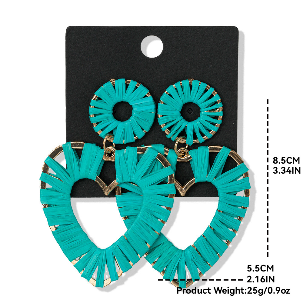 厂家直供欧美潮流气质拉菲草手工编织夸张爱心长款度假风耳环女饰品耳饰详情3