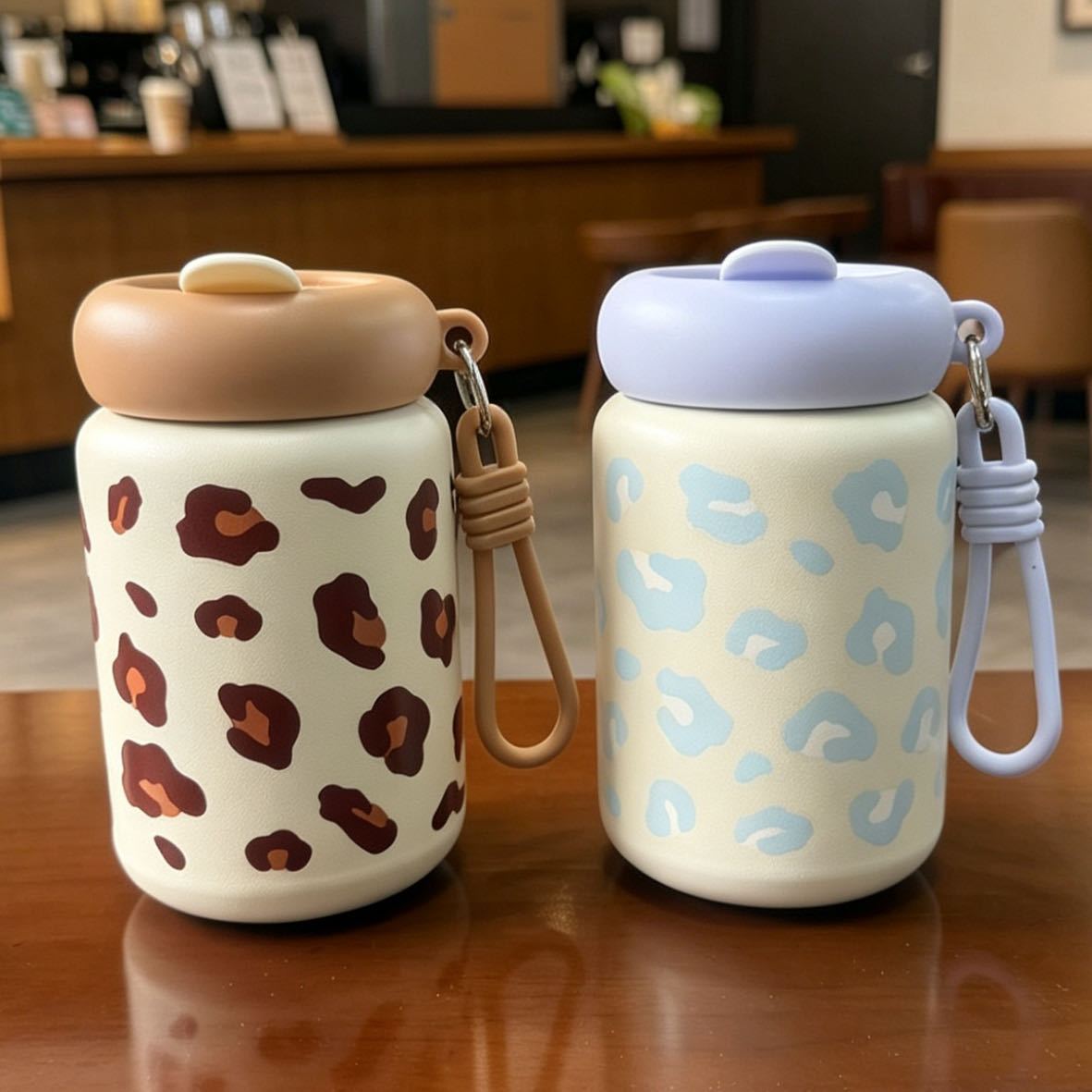 Thermos cups for girls, niche, high-appearure-level students, portable outdoor leopard print straw cups, stainless steel cups pic 3