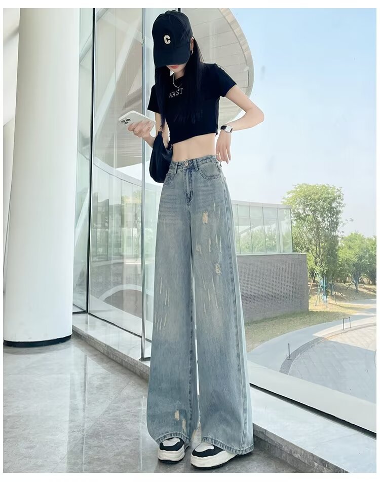 大码复古水洗磨白牛仔裤女春秋新款高腰胖mm宽松显瘦阔腿拖地裤子详情5