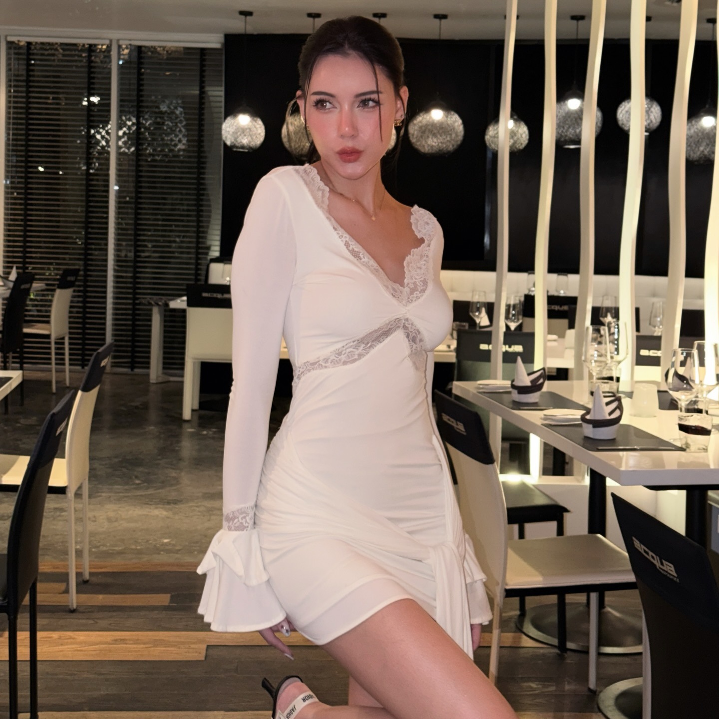 New fashionable lace, sexy and spicy long dress for women in foreign trade, flared sleeves, figure-hugging and patchwork European and American dress for women pic 32