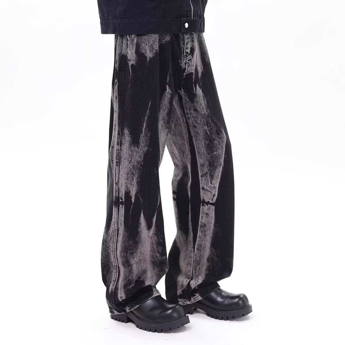 FUIV 扎染水洗垂感牛仔裤男女新款渐变宽松显瘦直筒阔腿拖地裤子详情5