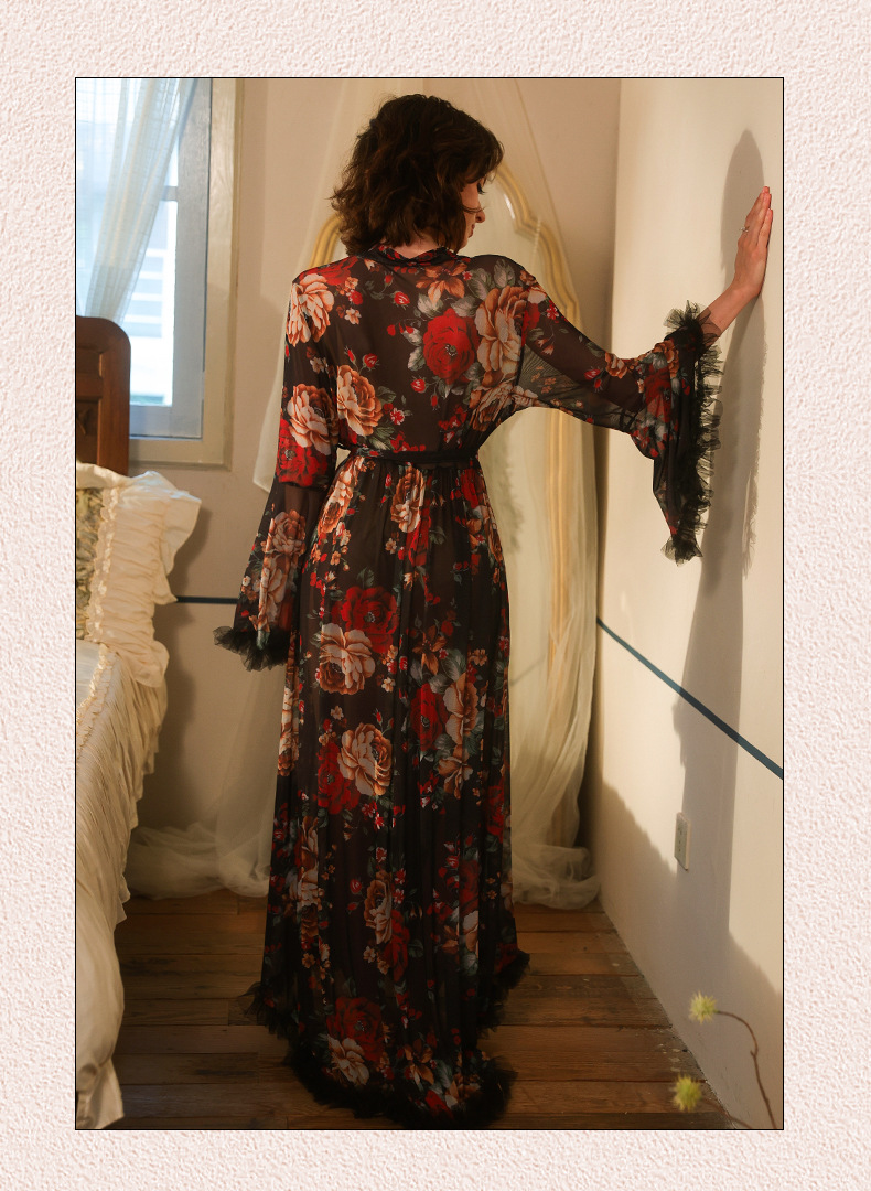 Ambiance vintage francés floral toga manga larga cuello en V fleece adorno con cordón cierre cintura inicio robe 1119 pic 11