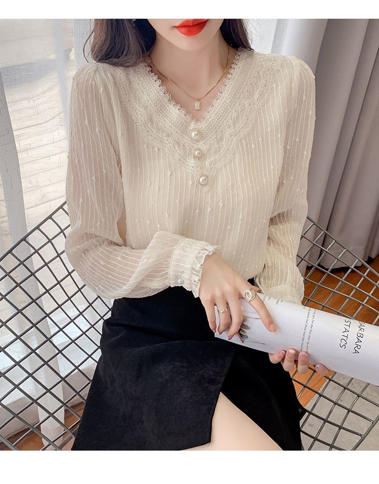 秋季新款长袖雪纺衫漂亮小衫气质上衣女蕾丝v领打底衫详情21