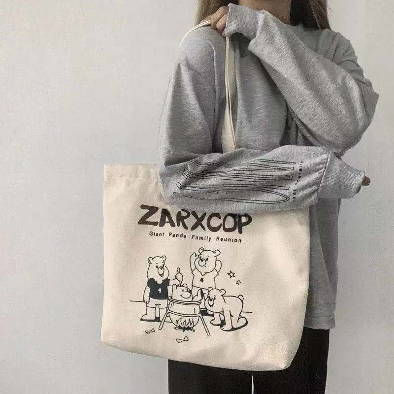 Single-shoulder canvas bag for female students in class, artistic Korean style retro English fashion shopping wholesale cloth bag, zipper bag pic 7