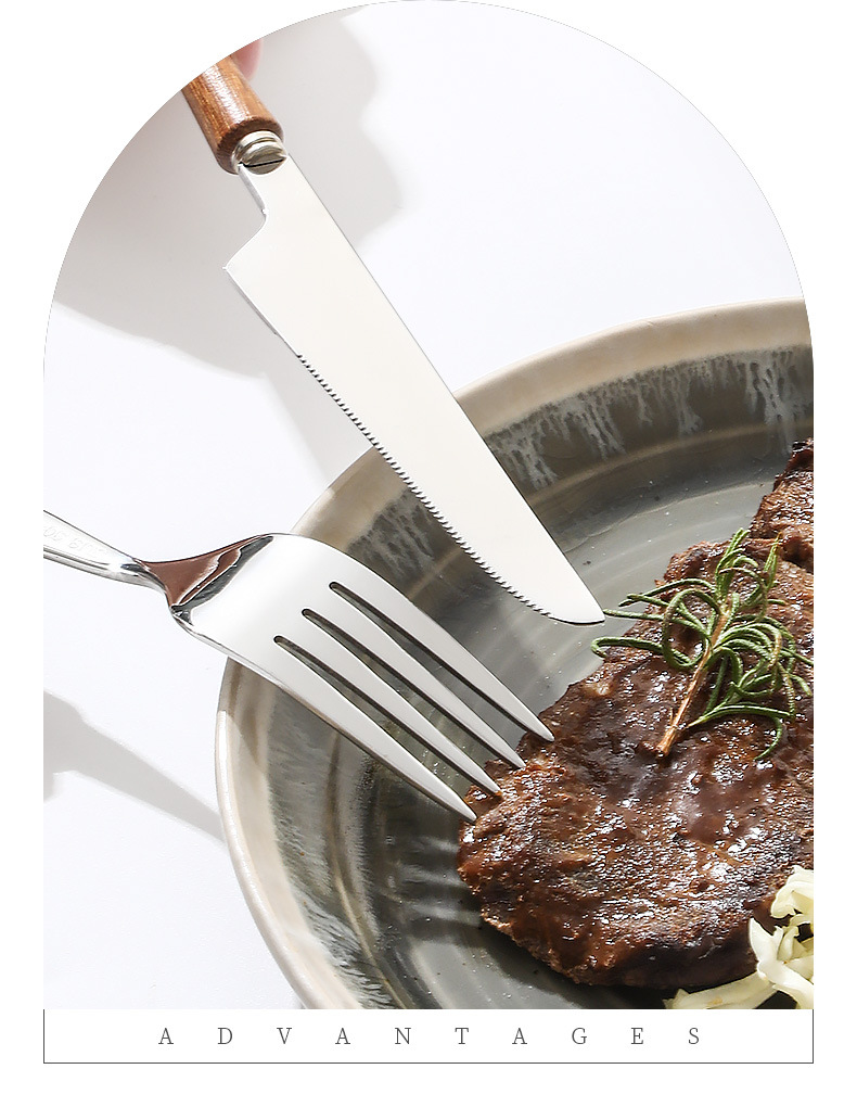 新款304不锈钢小蛮腰西餐牛排刀叉勺新中式实木手柄甜品勺子餐具详情5