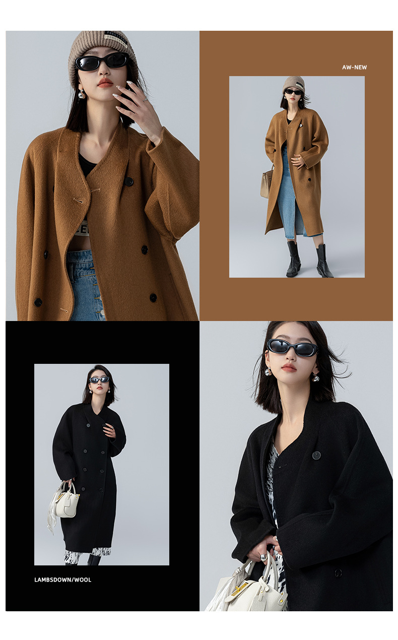The new stand-up collar double-sided cashmere coat for women in the spring and autumn of 2025 is a long cocoon-shaped alpaca wool woolen coat. It is a popular woolen coat pic 3