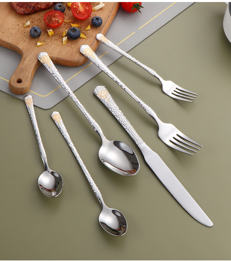 Cross-border hammer-patterned stainless steel knives, forks and spoons, high-end and light luxury dining spoons and forks, gold-plated steak knives, elegant Western dining gift tableware pic 18
